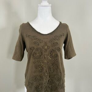 Meadow Rue Embroidered Brown Short Sleeve Top